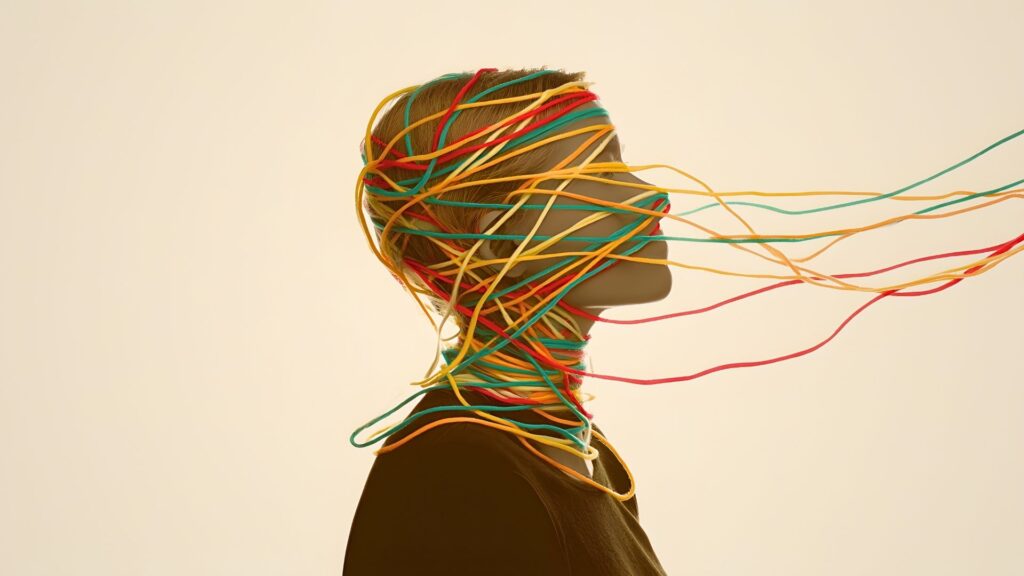 Silhouette eines Kopfes, um den farbige Fäden wie Gedanken oder verworrene Denkmuster gewickelt sind, um die Komplexität des Gehirns und die Möglichkeit, Denkmuster zu ändern, zu symbolisieren.
