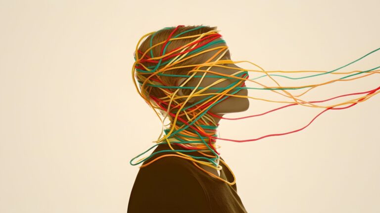 Silhouette eines Kopfes, um den farbige Fäden wie Gedanken oder verworrene Denkmuster gewickelt sind, um die Komplexität des Gehirns und die Möglichkeit, Denkmuster zu ändern, zu symbolisieren.