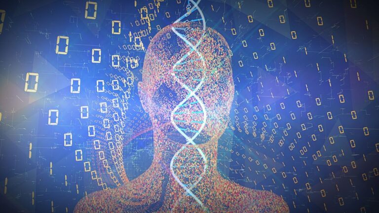 Eine Illustration, die die Verbindung zwischen Gehirn (Gedanken) und einer DNA-Helix zeigt, um die Macht der Gedanken auf die Gesundheit darzustellen.