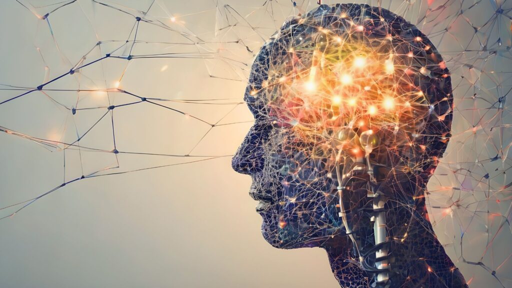 Ein leuchtendes neuronales Netzwerk in Form eines menschlichen Kopfes visualisiert körperliche Symptome durch Stress.