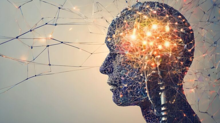 Ein leuchtendes neuronales Netzwerk in Form eines menschlichen Kopfes visualisiert körperliche Symptome durch Stress.