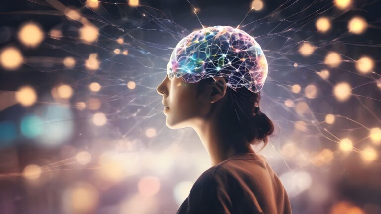 Profilansicht eines Managers, dessen Gehirn als leuchtendes, farbiges neuronales Netzwerk dargestellt ist. Feine Lichtlinien verbinden den Kopf mit der Umgebung und visualisieren die tiefgreifenden mentalen Prozesse in einem professionellen Stressbewältigungs-Coaching.