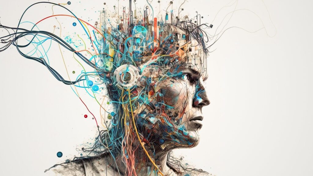 Ein abstraktes, leuchtendes neuronales Netzwerk in Form eines menschlichen Kopfes visualisiert die tiefgreifenden mentalen Prozesse, die durch ein professionelles Stresscoaching für Führungskräfte optimiert werden.