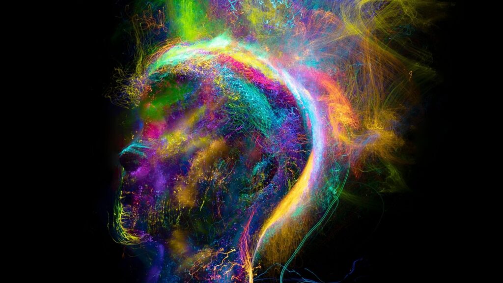 Eine leuchtende, abstrakte Profilansicht eines menschlichen Kopfes, geformt aus bunten, neuronalen Energielinien vor einem schwarzen Hintergrund. Die Grafik visualisiert die Neuroplastizität und die tiefgreifenden mentalen Veränderungen, die ein Business Coach Ruhrgebiet durch digitales Training bewirkt.
