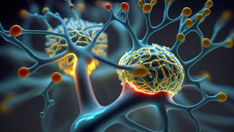 Eine mikroskopische 3D-Darstellung von miteinander verbundenen Nervenzellen. Leuchtende Synapsen visualisieren den biologischen Prozess, wie Führungskräfte durch gezielte Reize ihre Neuroplastizität trainieren und das Gehirn physisch neu verdrahten.