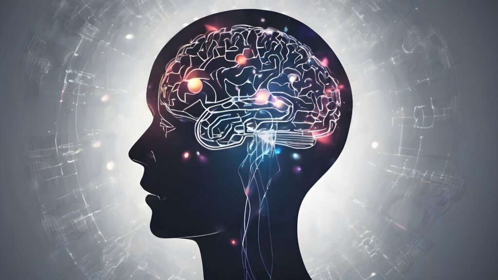 Eine dunkle Silhouette eines menschlichen Kopfes im Profil mit einem leuchtenden, vernetzten Gehirn visualisiert die neuronale Aktivität und den mentalen Fokus bei einem professionellen Stressmanagement Training.