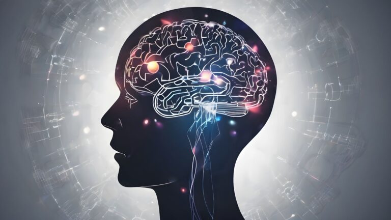 Eine dunkle Silhouette eines menschlichen Kopfes im Profil mit einem leuchtenden, vernetzten Gehirn visualisiert die neuronale Aktivität und den mentalen Fokus bei einem professionellen Stressmanagement Training.